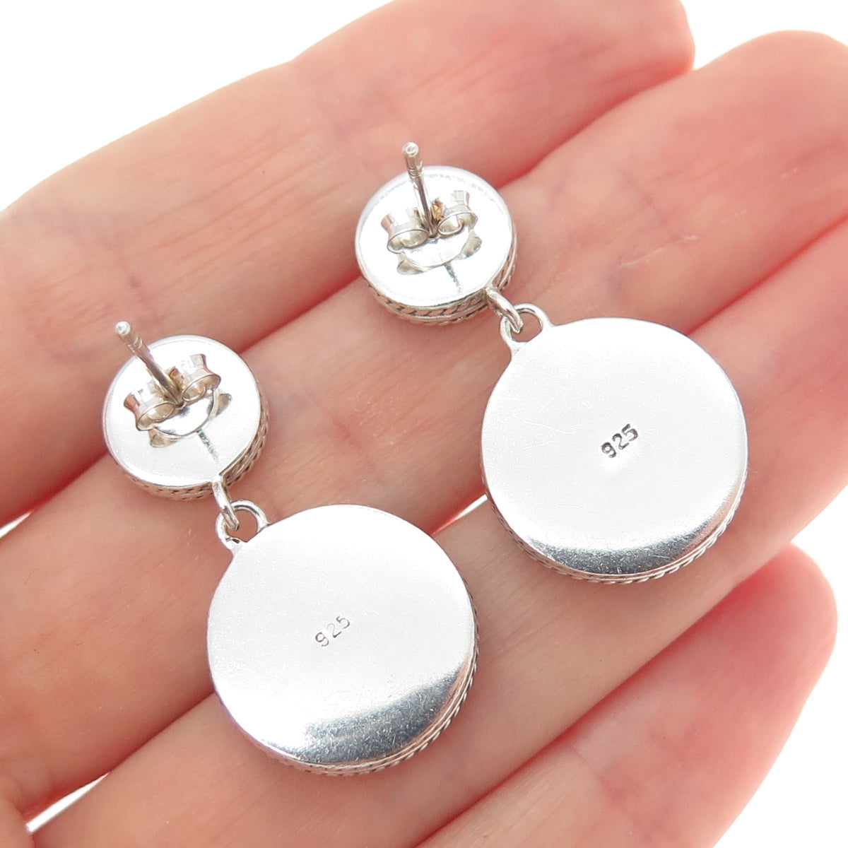 925 Sterling Silver Vintage Modernist Hammered Disc Dangle Earrings