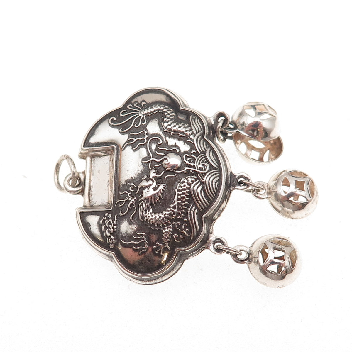 990 Silver Antique Chinese Dragon Longevity Lock Chatelaine Pendant