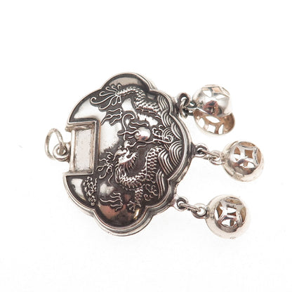 990 Silver Antique Chinese Dragon Longevity Lock Chatelaine Pendant