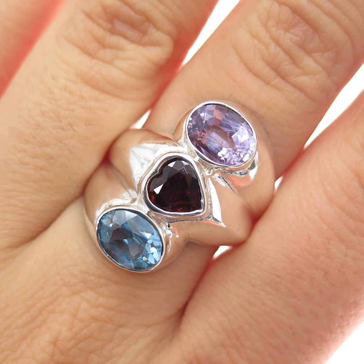 925 Sterling Vintage Real Blue Topaz Red Garnet & Amethyst Heart Ring Size 8