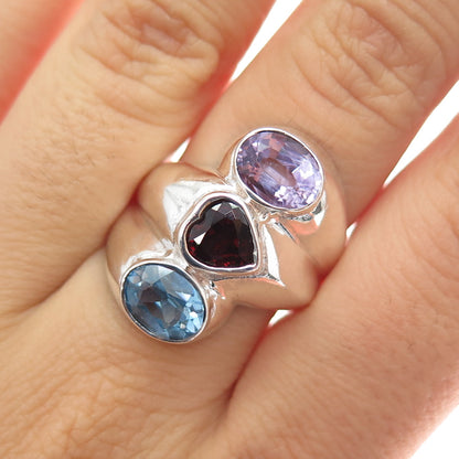 925 Sterling Vintage Real Blue Topaz Red Garnet & Amethyst Heart Ring Size 8