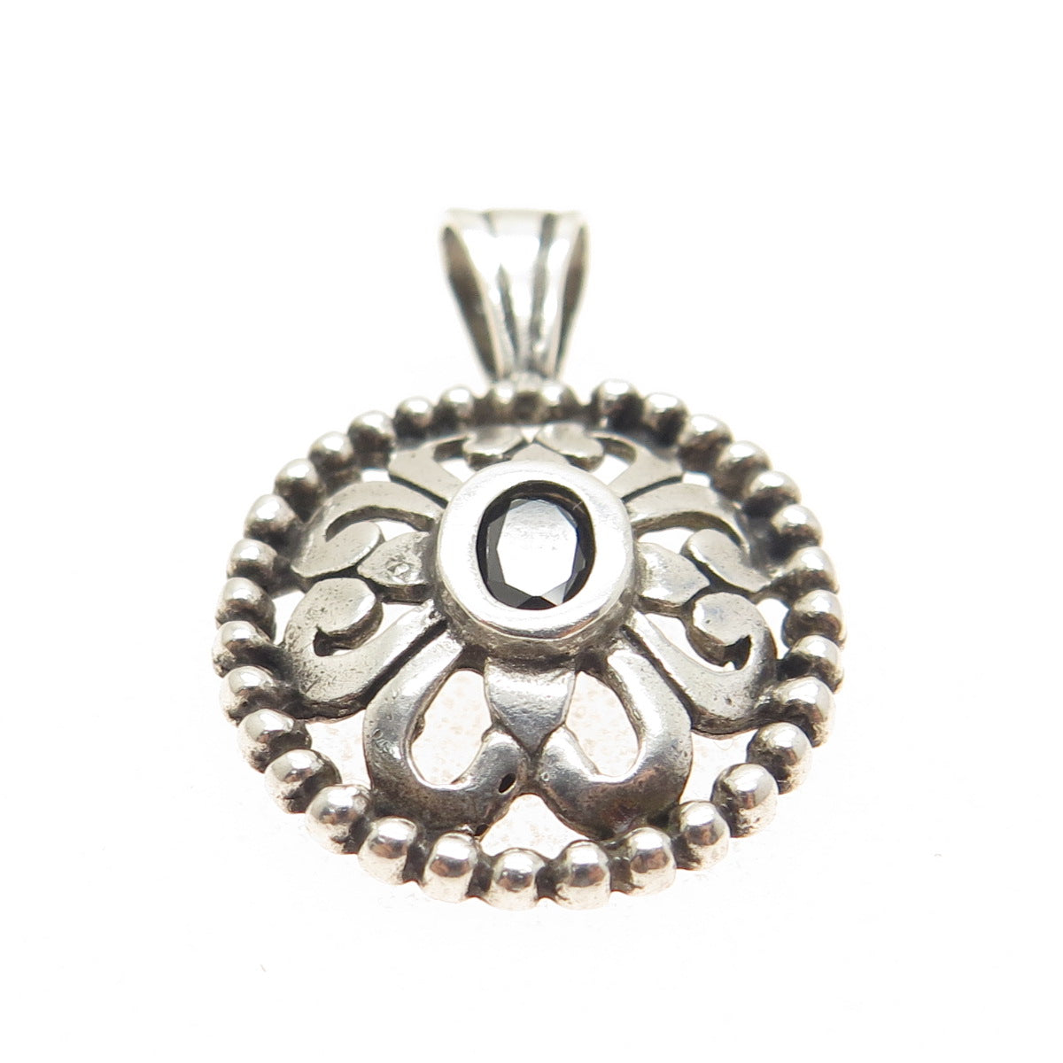 JEZLAINE 925 Sterling Silver Vintage Real Black Spinel Ornate Pendant