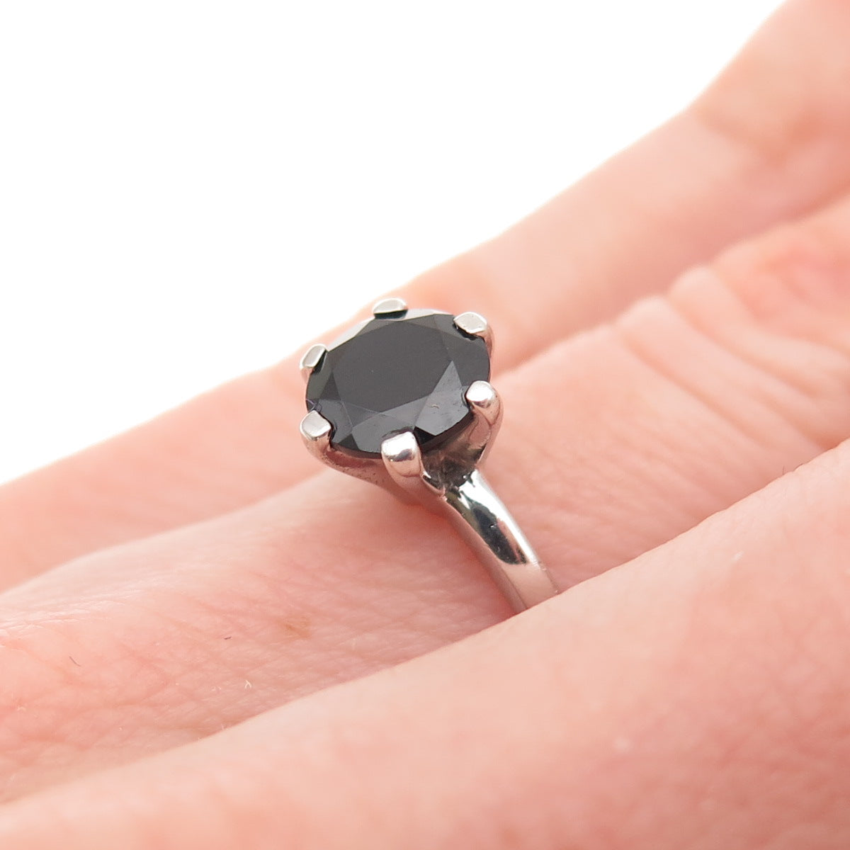 925 Sterling Silver Real Round-Cut Black Spinel Ring Size 5