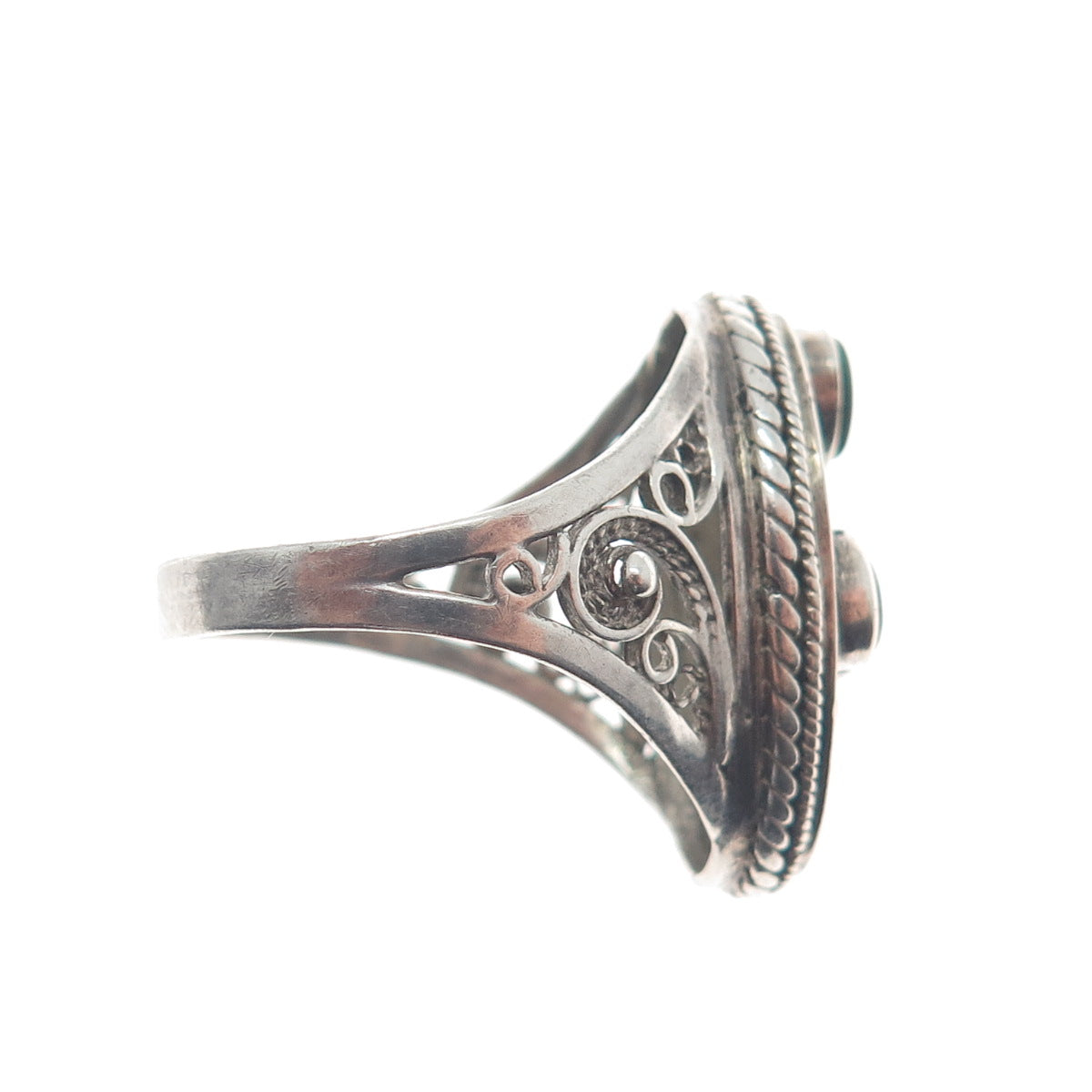 925 Sterling Silver Vintage Real Malachite Gem Filigree Oxidized Ring Size 9.25