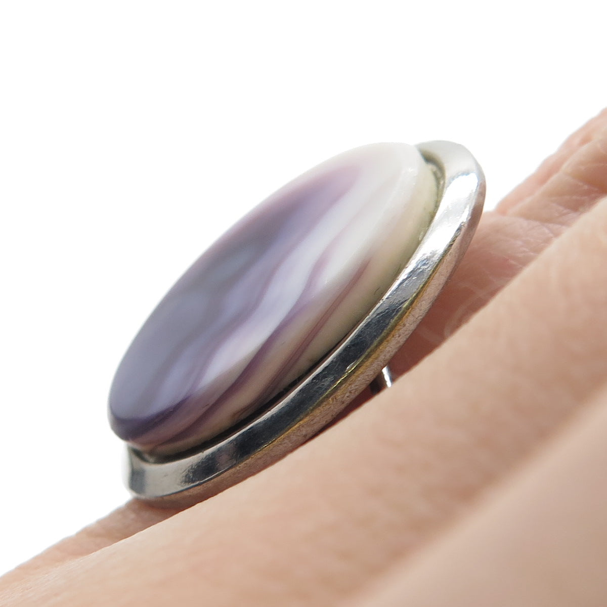 925 Sterling Silver Vintage Real Purple & White MOP Adjustable Ring Size 6