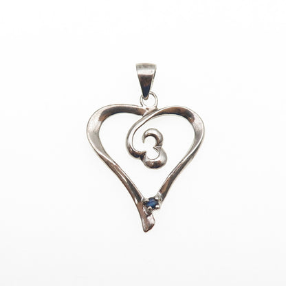 SONYA HOU Sterling Silver Vintage Real Round-Cut Sapphire Heart Charm Pendant