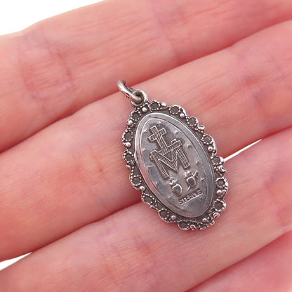 925 Sterling Silver Antique Art Deco Real Marcasite St. Mary Miraculous Pendant