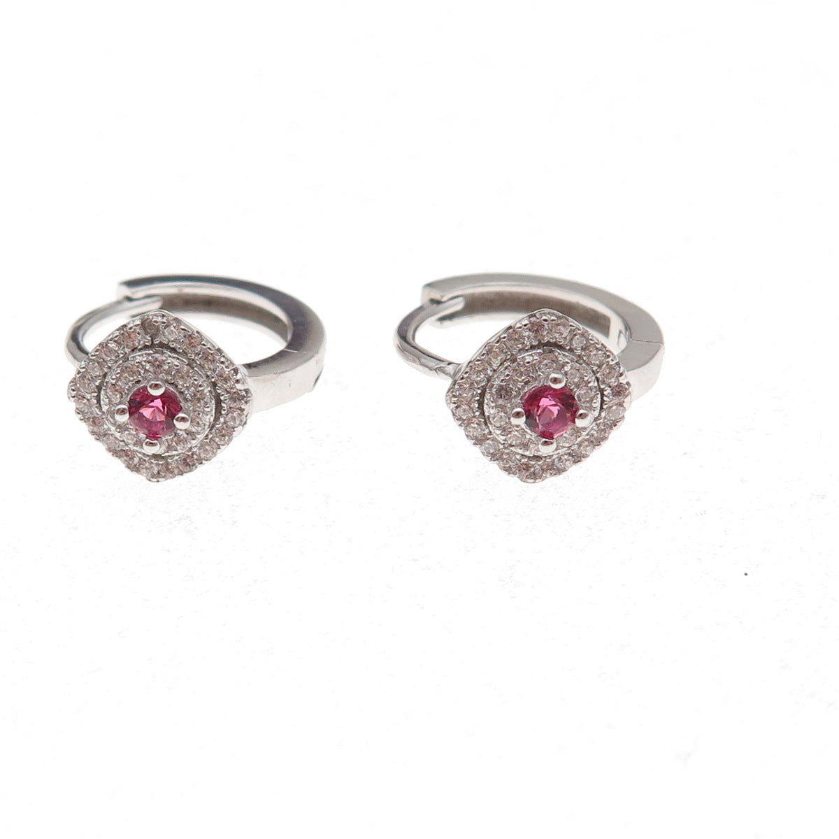 925 Sterling Silver Pink & White C Z Hoop Earrings