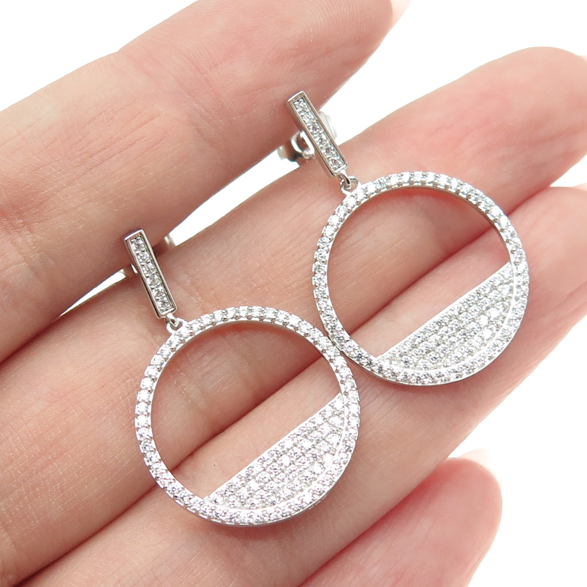 925 Sterling Silver Round-Cut C Z Circle Dangle Earrings