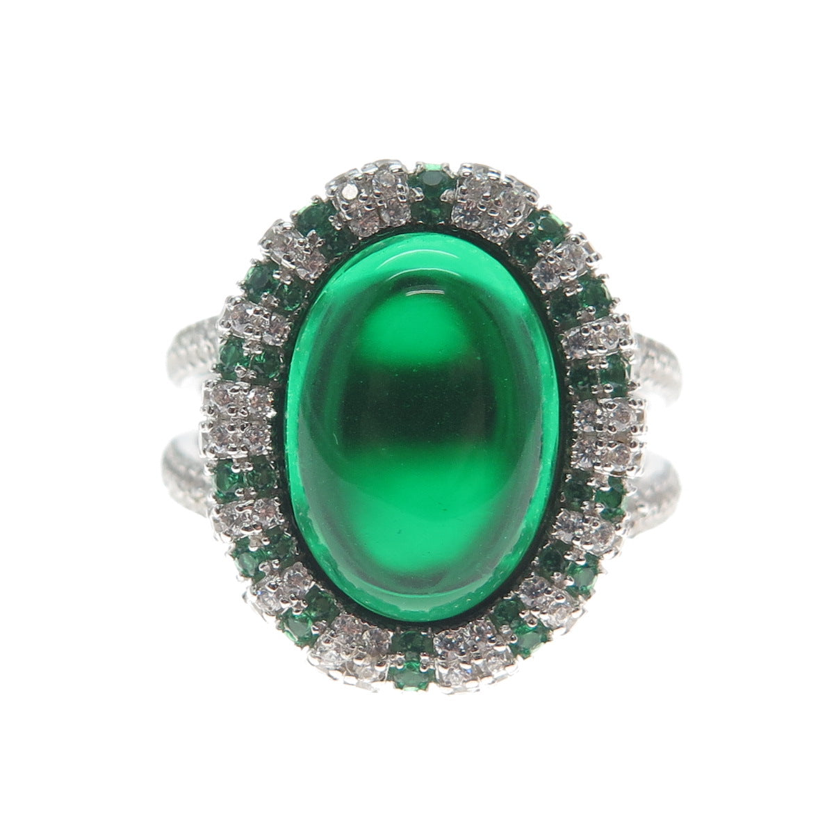 DSMK 925 Sterling Silver Cabochon Nano Emerald & C Z Ring Size 7.25