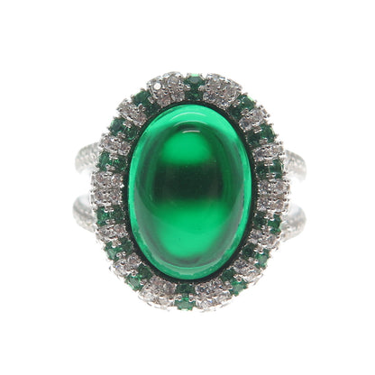 DSMK 925 Sterling Silver Cabochon Nano Emerald & C Z Ring Size 7.25