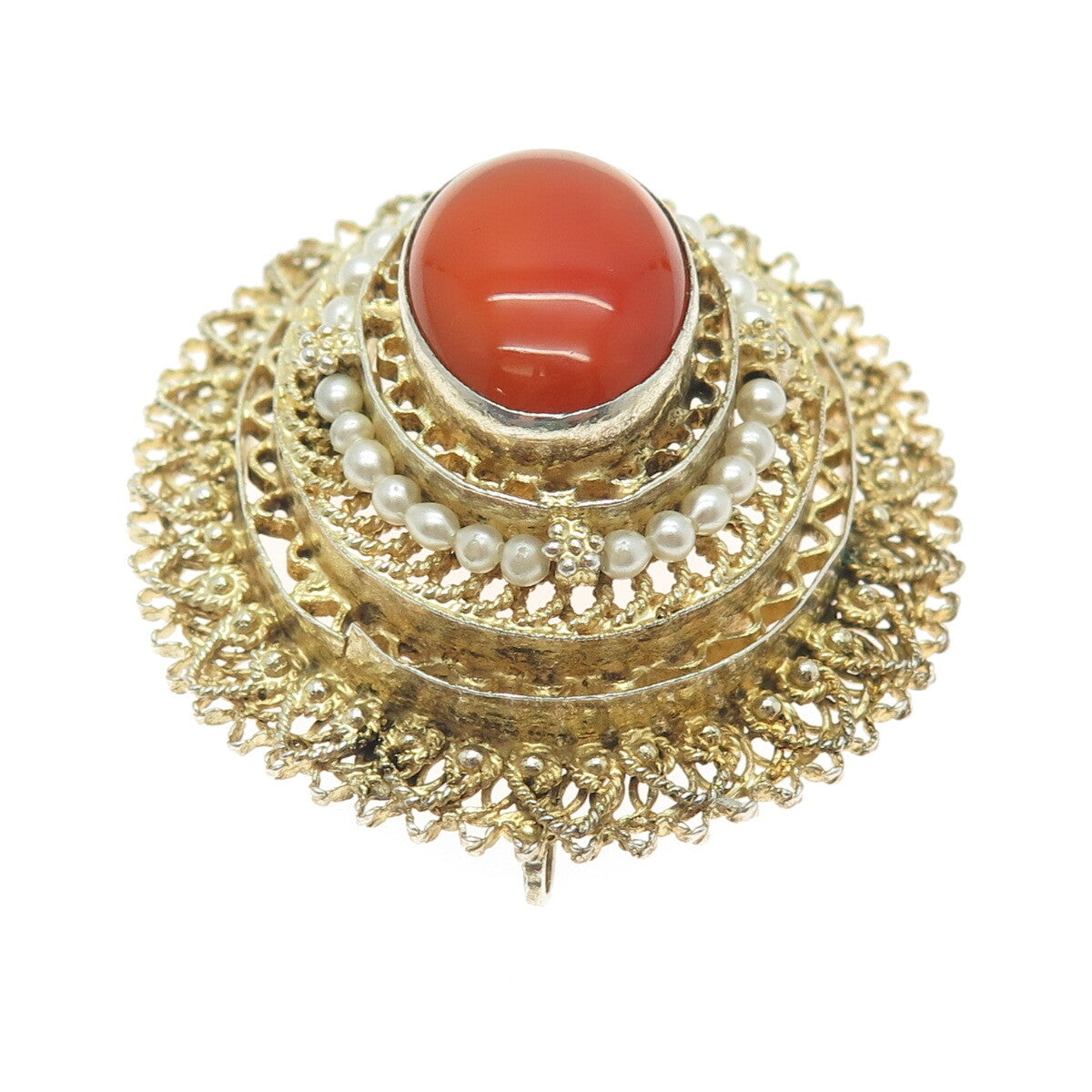 925 Sterling Silver Gold Plated Vintage Israel Carnelian Gem Faux Pearl Pendant