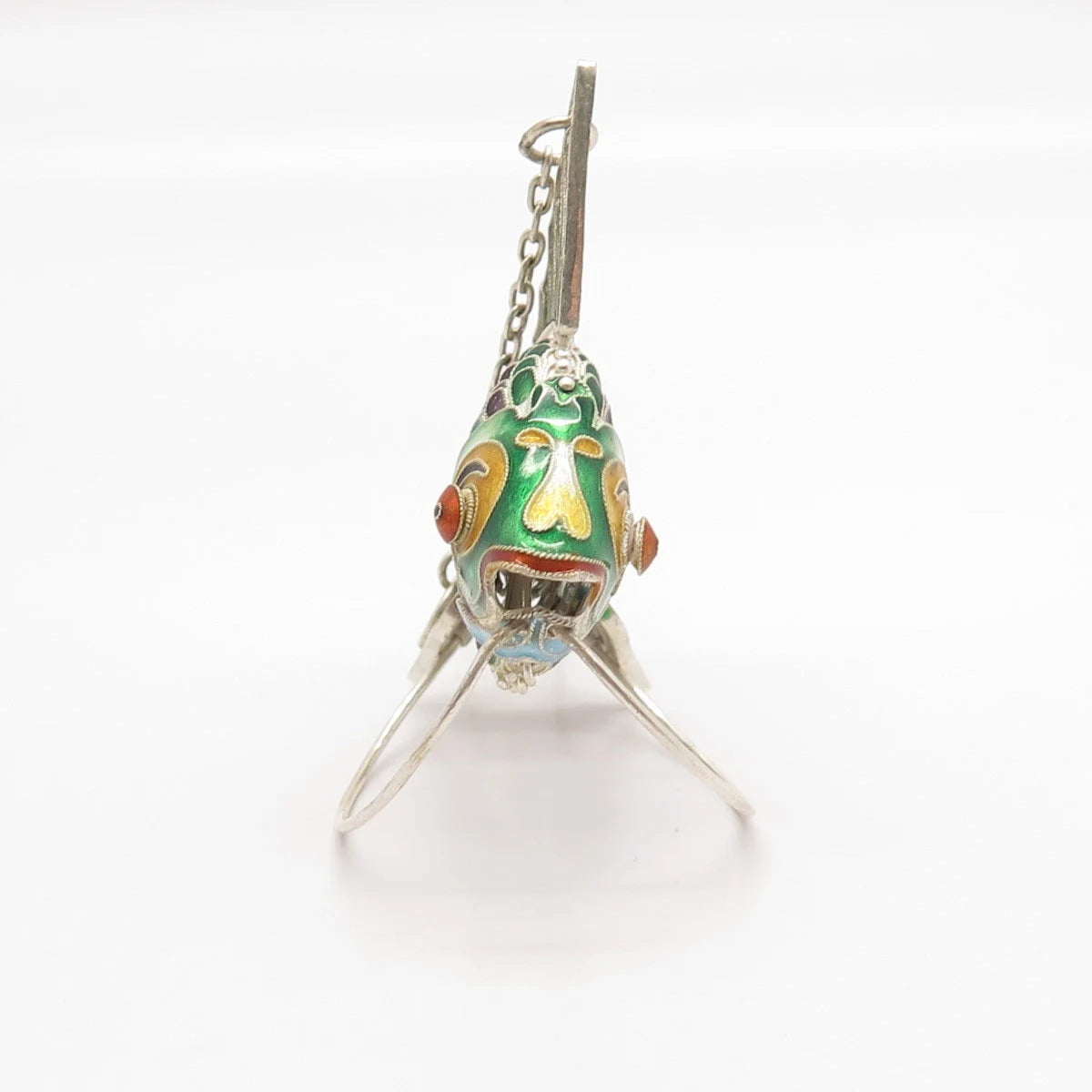 925 Sterling Silver Antique Enamel Articulated Chinese Koi Fish Pendant / Fob