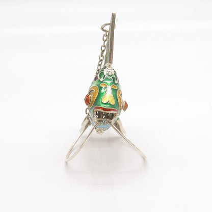 925 Sterling Silver Antique Enamel Articulated Chinese Koi Fish Pendant / Fob
