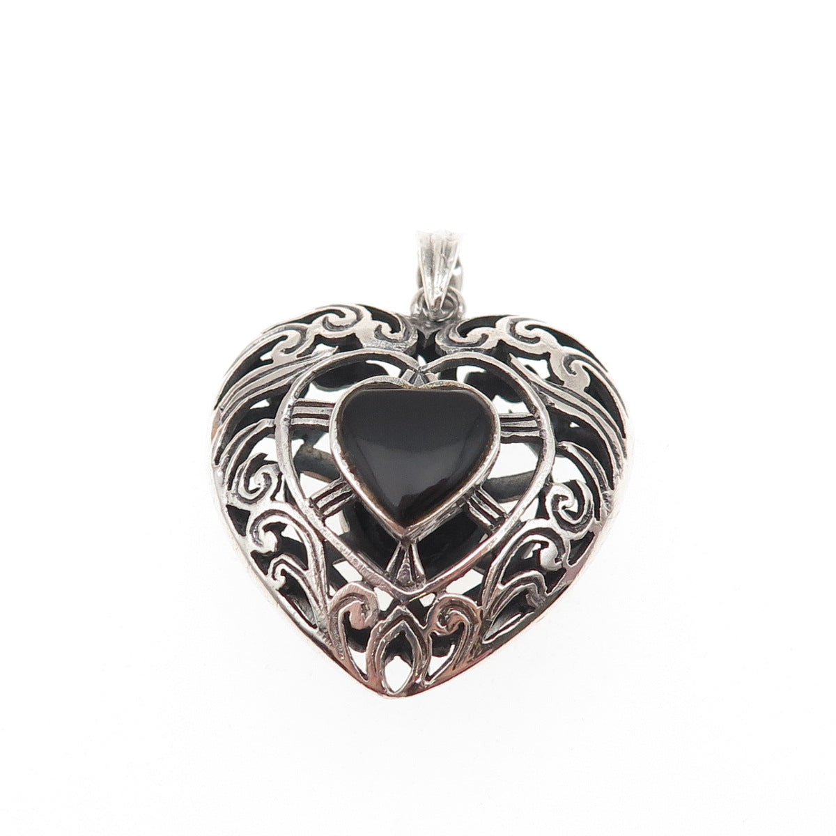 925 Sterling Silver Vintage Real Black Onyx Ornate Heart Dual Sided Pendant