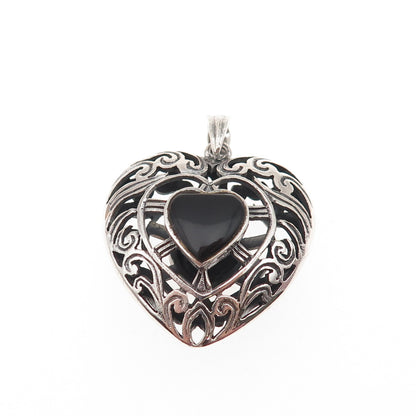 925 Sterling Silver Vintage Real Black Onyx Ornate Heart Dual Sided Pendant