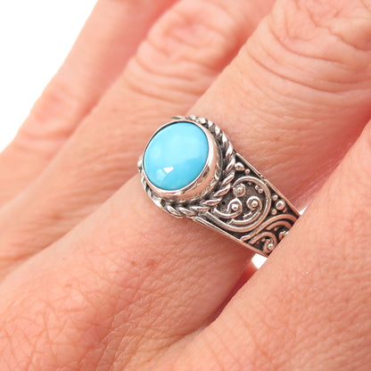 925 Sterling Silver Real Sleeping Beauty Turquoise Floral Oxidized Ring Size 8