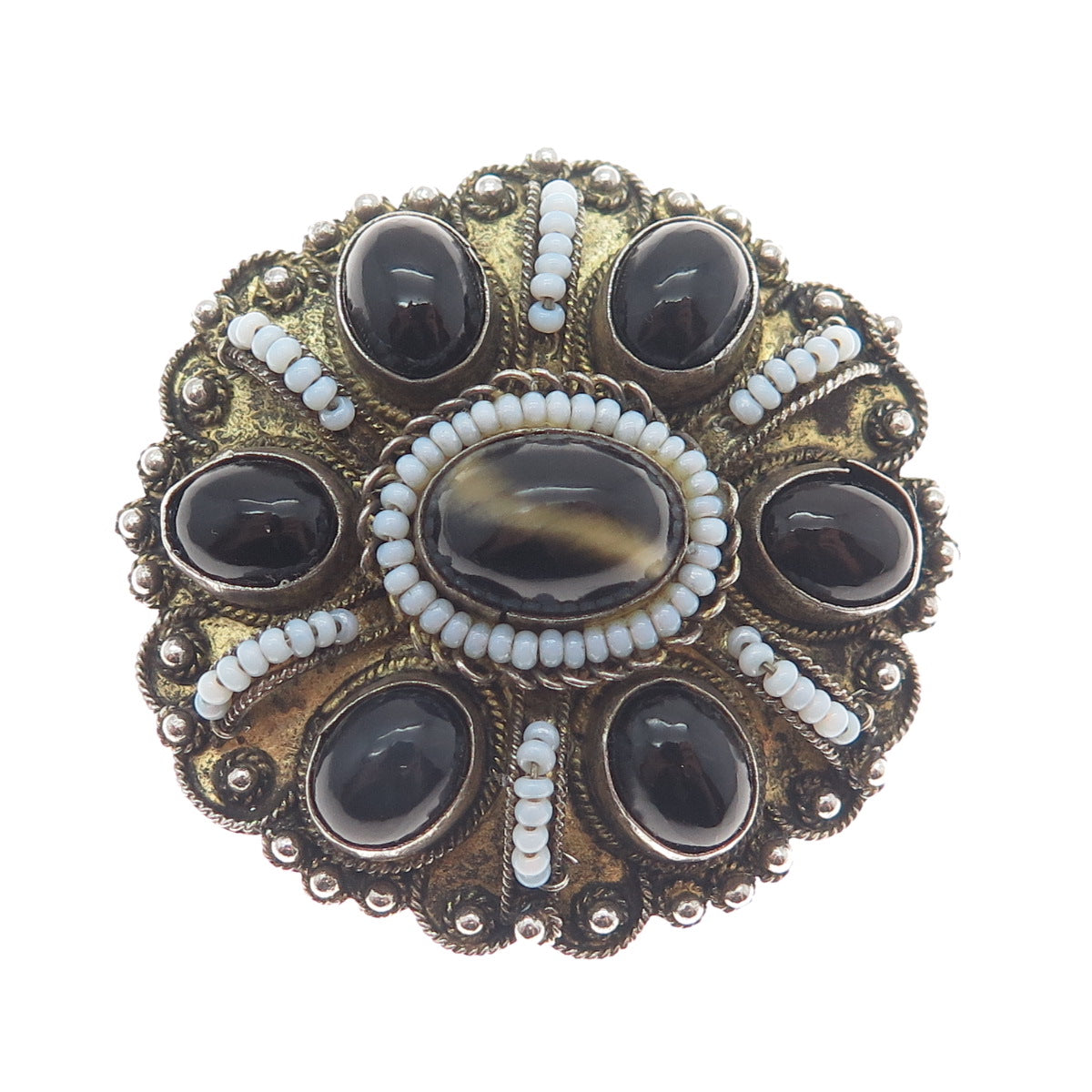 935 Silver 2-Tone Vintage Israel Real Tiger Eye Black Agate & Opal Pin Brooch