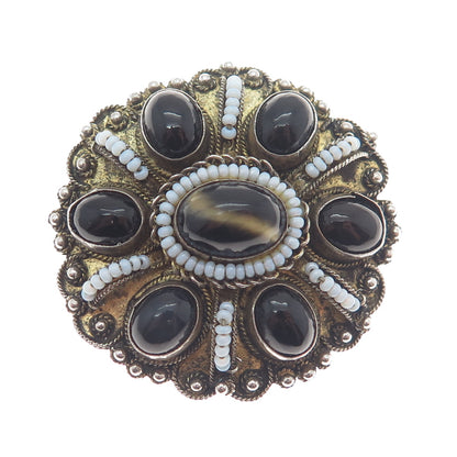 935 Silver 2-Tone Vintage Israel Real Tiger Eye Black Agate & Opal Pin Brooch