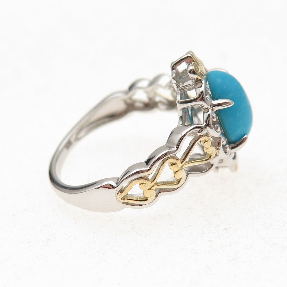 925 Sterling Silver 2-Tone Real Sleeping Beauty Turquoise Floral Ring Size 8.25