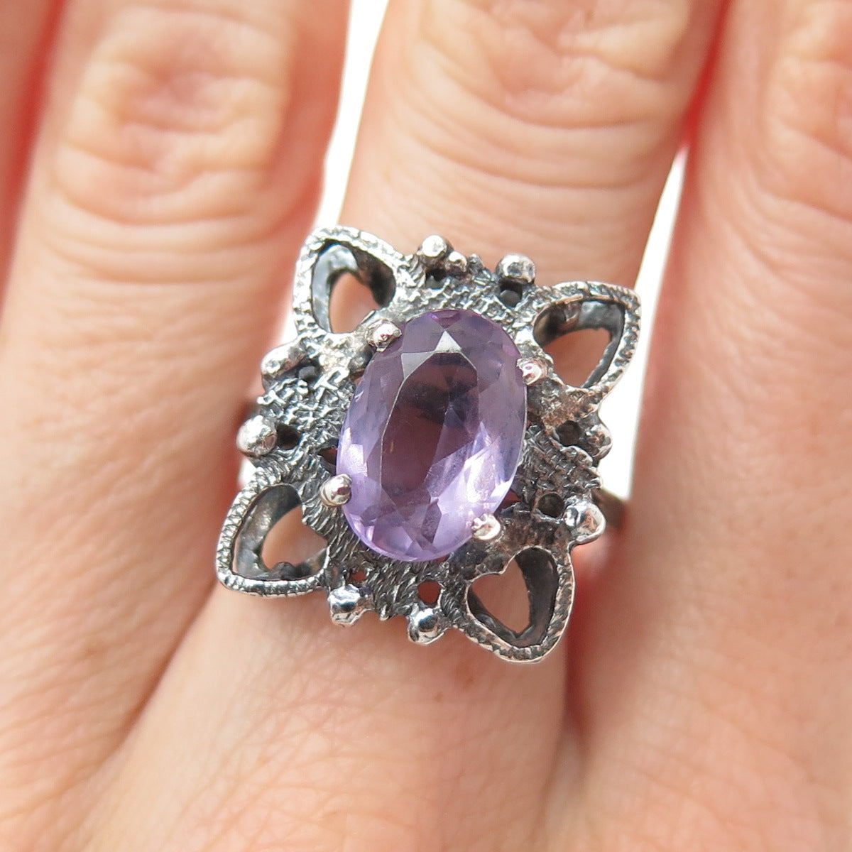 MUNDOS Sterling Silver Vintage Real Amethyst Butterfly Oxidized Ring Size 6.75