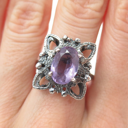 MUNDOS Sterling Silver Vintage Real Amethyst Butterfly Oxidized Ring Size 6.75