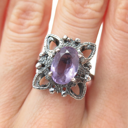 MUNDOS Sterling Silver Vintage Real Amethyst Butterfly Oxidized Ring Size 6.75