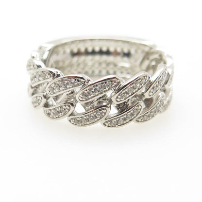925 Sterling Silver Pave C Z Cuban Chain Band Ring Size 7