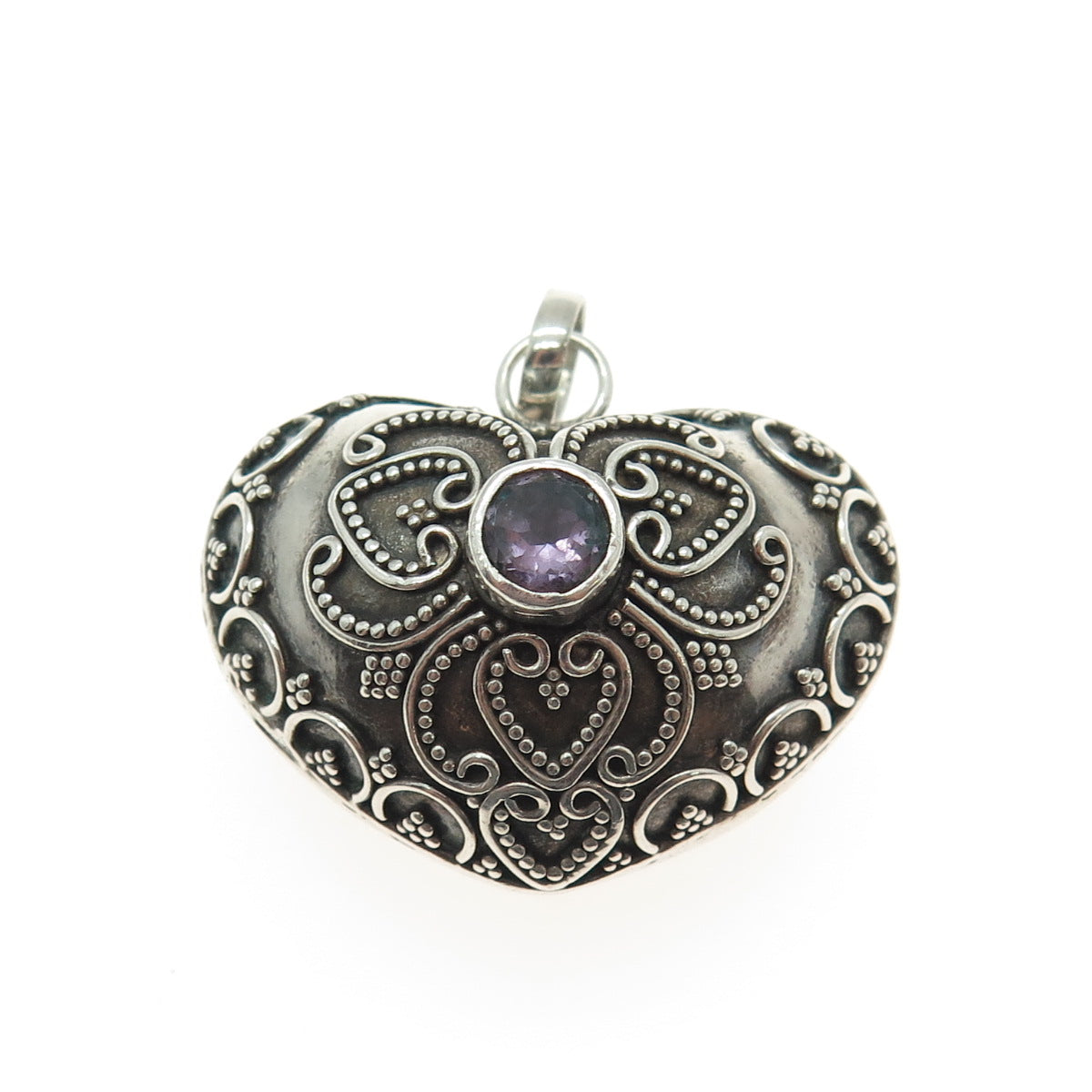 925 Sterling Silver Vintage Real Amethyst Granulated Heart Rattle Pendant