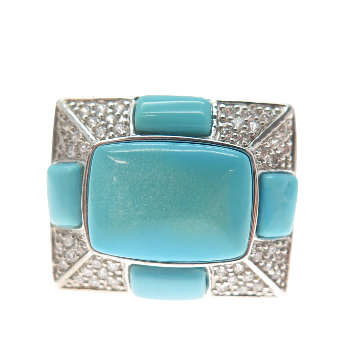 FADI 925 Sterling Silver Real Turquoise & Round-Cut C Z Ring Size 7.25