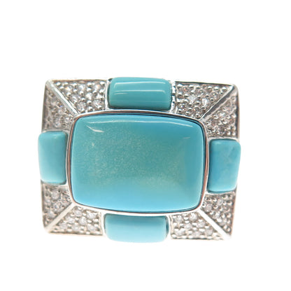 FADI 925 Sterling Silver Real Turquoise & Round-Cut C Z Ring Size 7.25