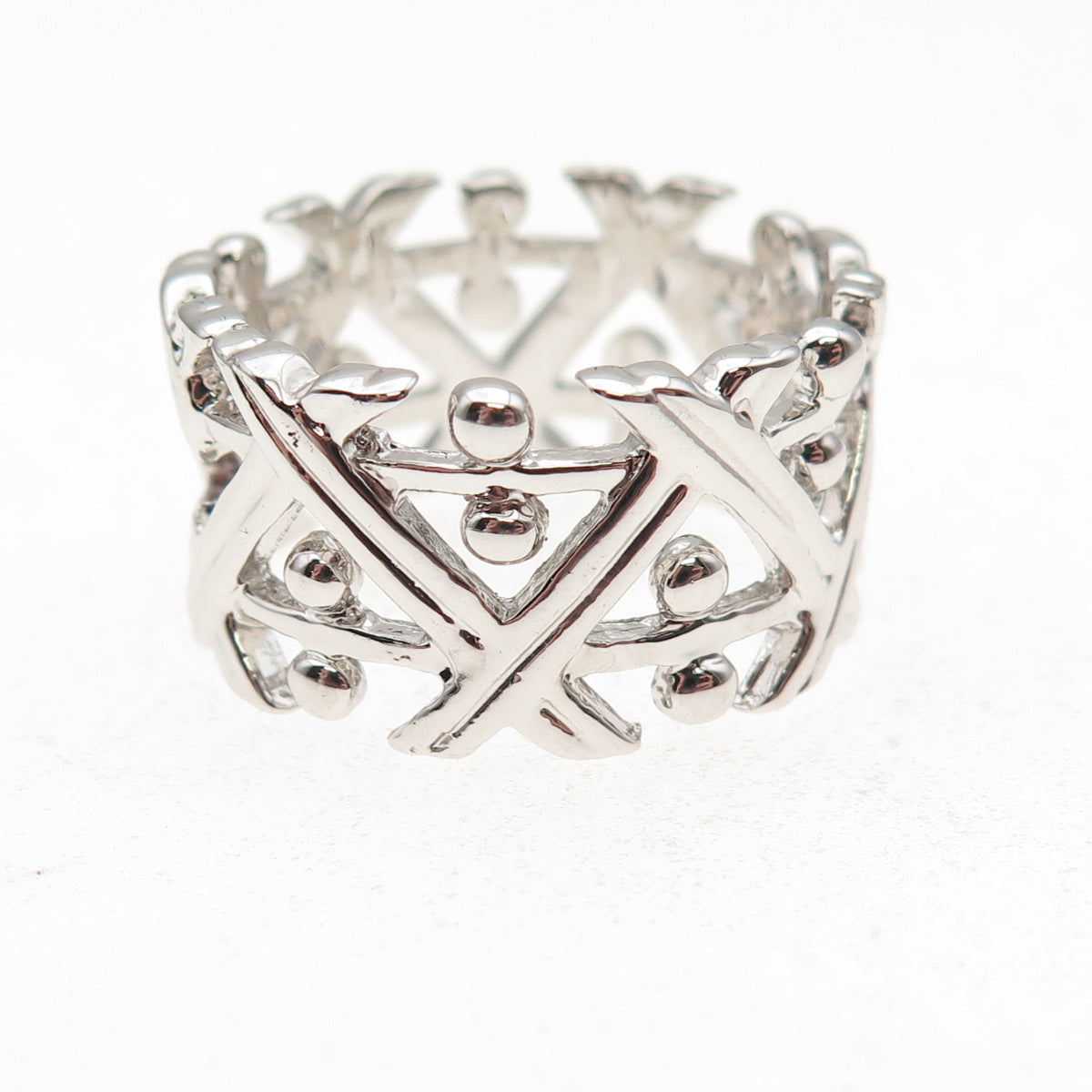 925 Sterling Silver Zig Zag Beaded Wide Band Ring Size 9.25