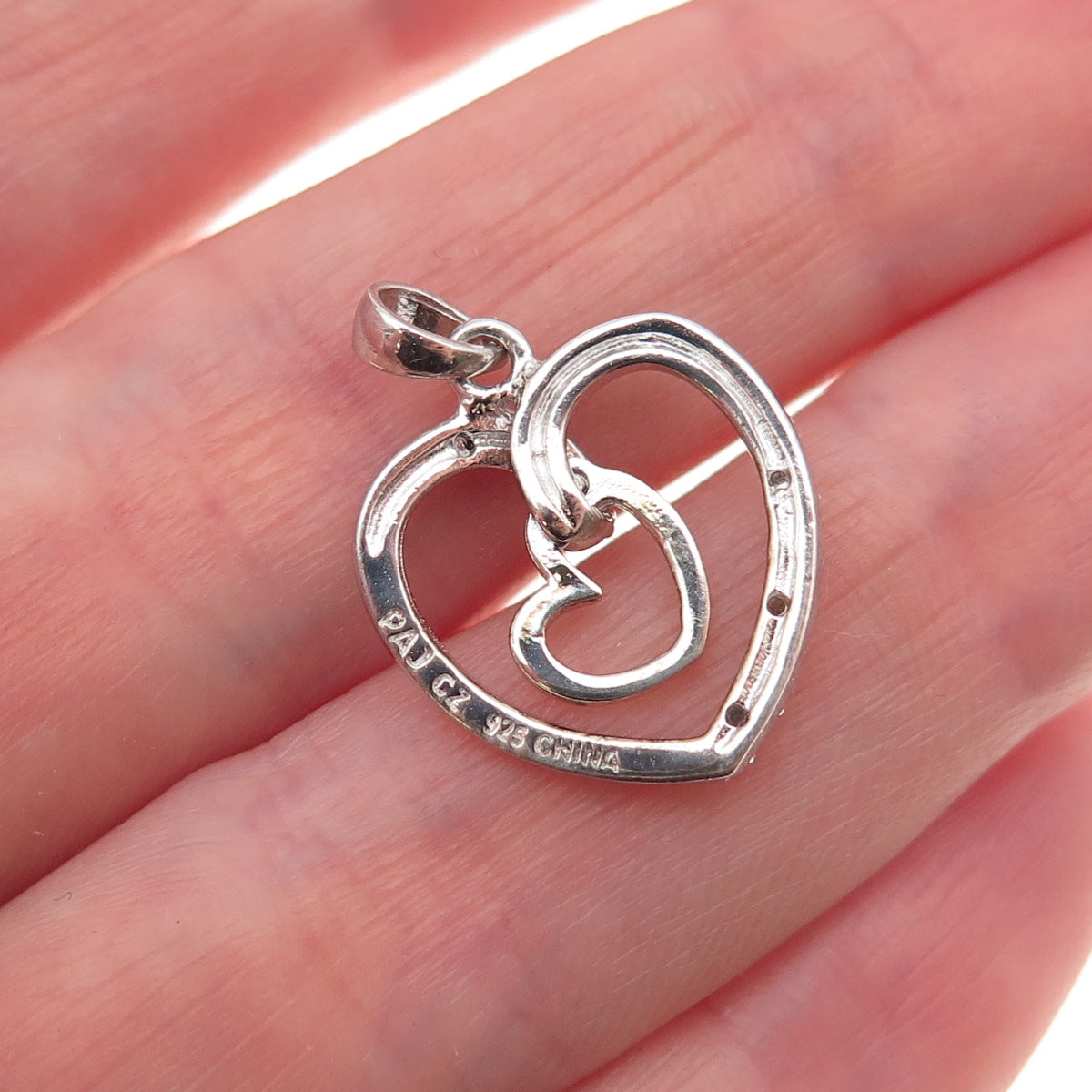 925 Sterling Silver Round-Cut C Z Double Heart Mini Charm Pendant