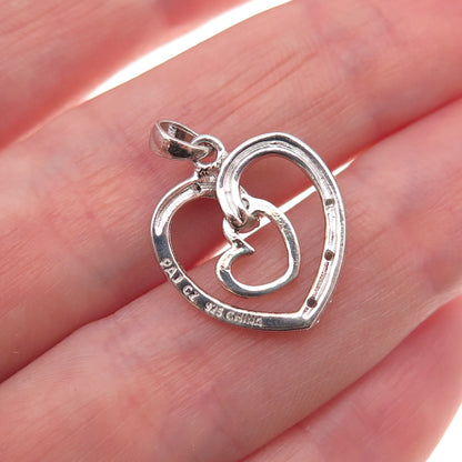 925 Sterling Silver Round-Cut C Z Double Heart Mini Charm Pendant