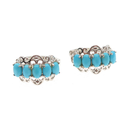 925 Sterling Silver Real Sleeping Beauty Turquoise Ornate Hoop Earrings