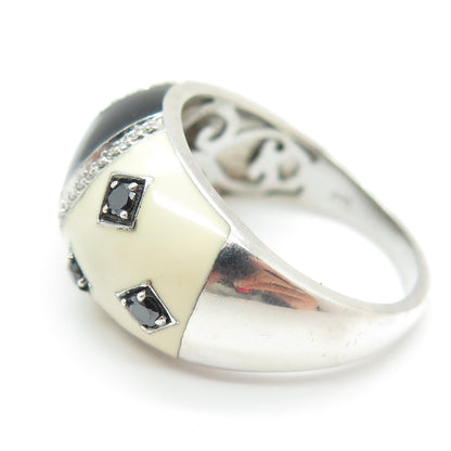 JANE SEYMOUR 925 Sterling Silver Enamel Real Black & White Diamond Ring Size 10