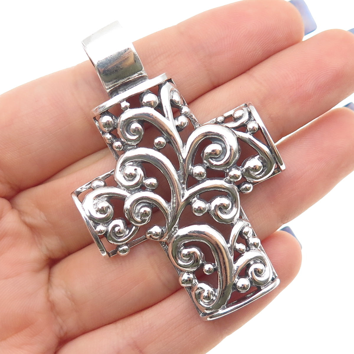 SX Sally C 925 Sterling Silver Vintage Ornate Cross Oxidized Pendant