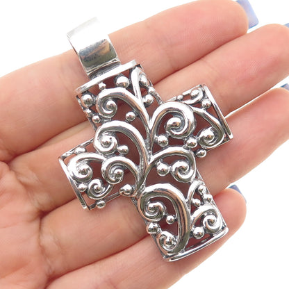 SX Sally C 925 Sterling Silver Vintage Ornate Cross Oxidized Pendant
