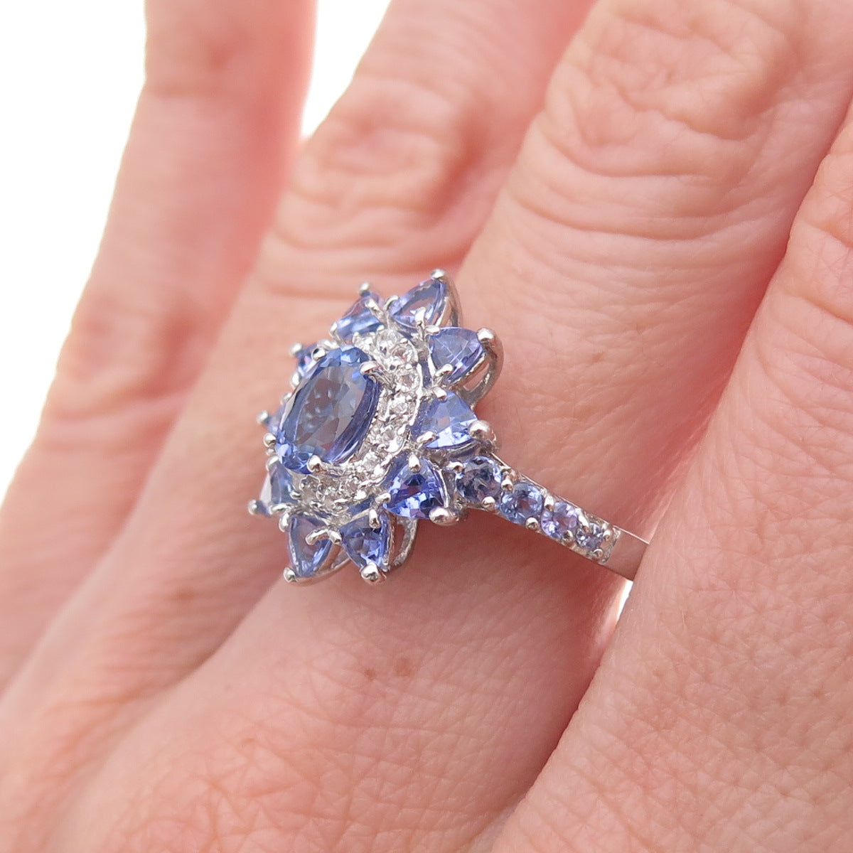Chuck Clemency 925 Sterling Silver Real Tanzanite & White Topaz Ring Size 8.25