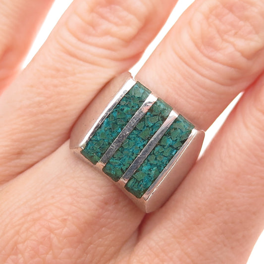 925 Sterling Silver Vintage Mexico Real Turquoise Inlay Oxidized Ring Size 10