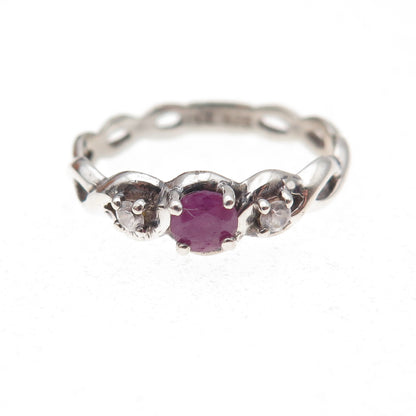925 Sterling Silver Vintage Real Ruby & C Z Woven Band Ring Size 7