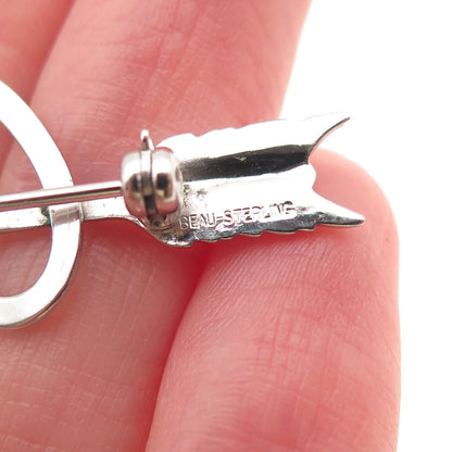 BEAU 925 Sterling Silver Antique Art Deco Couple Heart Arrow Pin Brooch