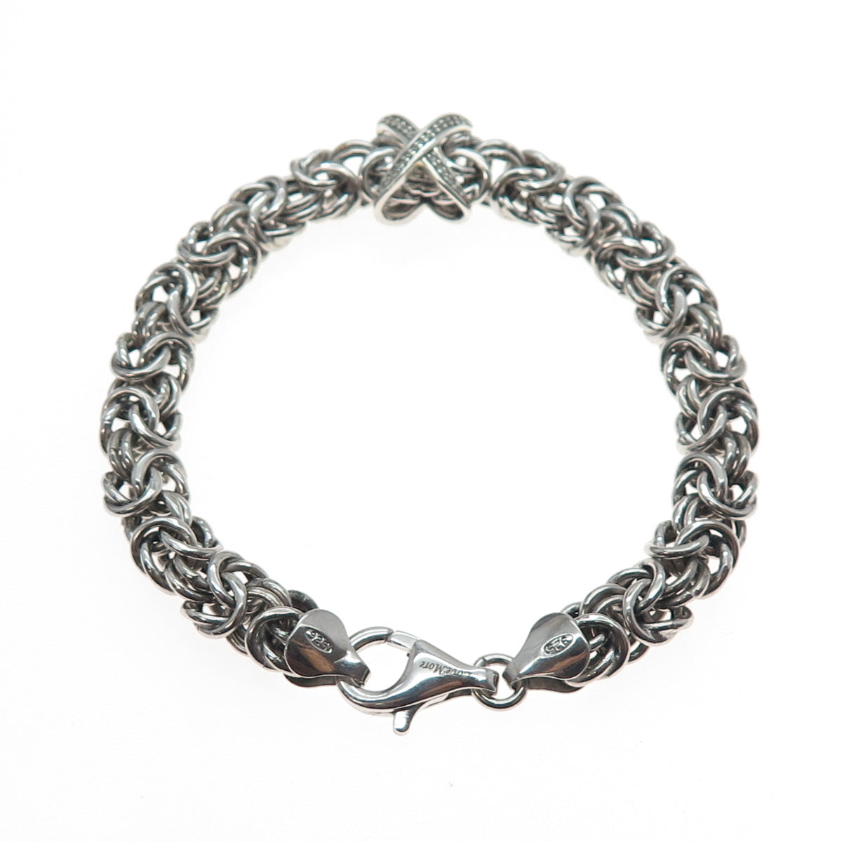 SAMARA SJD 925 Sterling Silver Real Diamond X Shape Byzantine Link Bracelet 7"