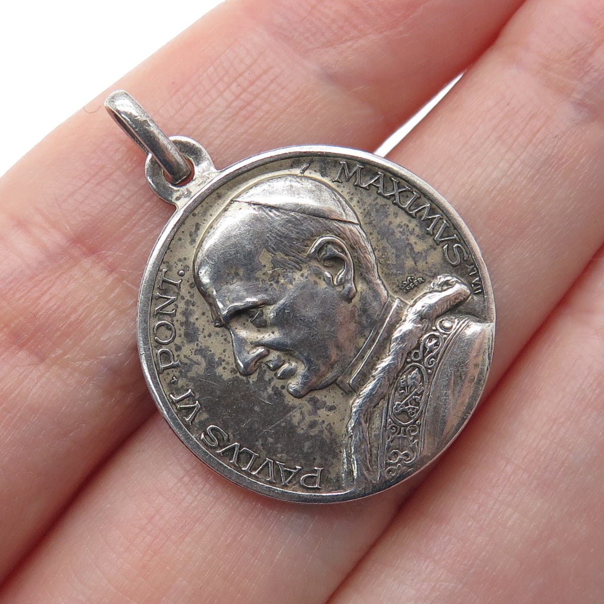 800 Silver Vintage Italy St. Christopher & Pope Paulus VI Medal Charm Pendant