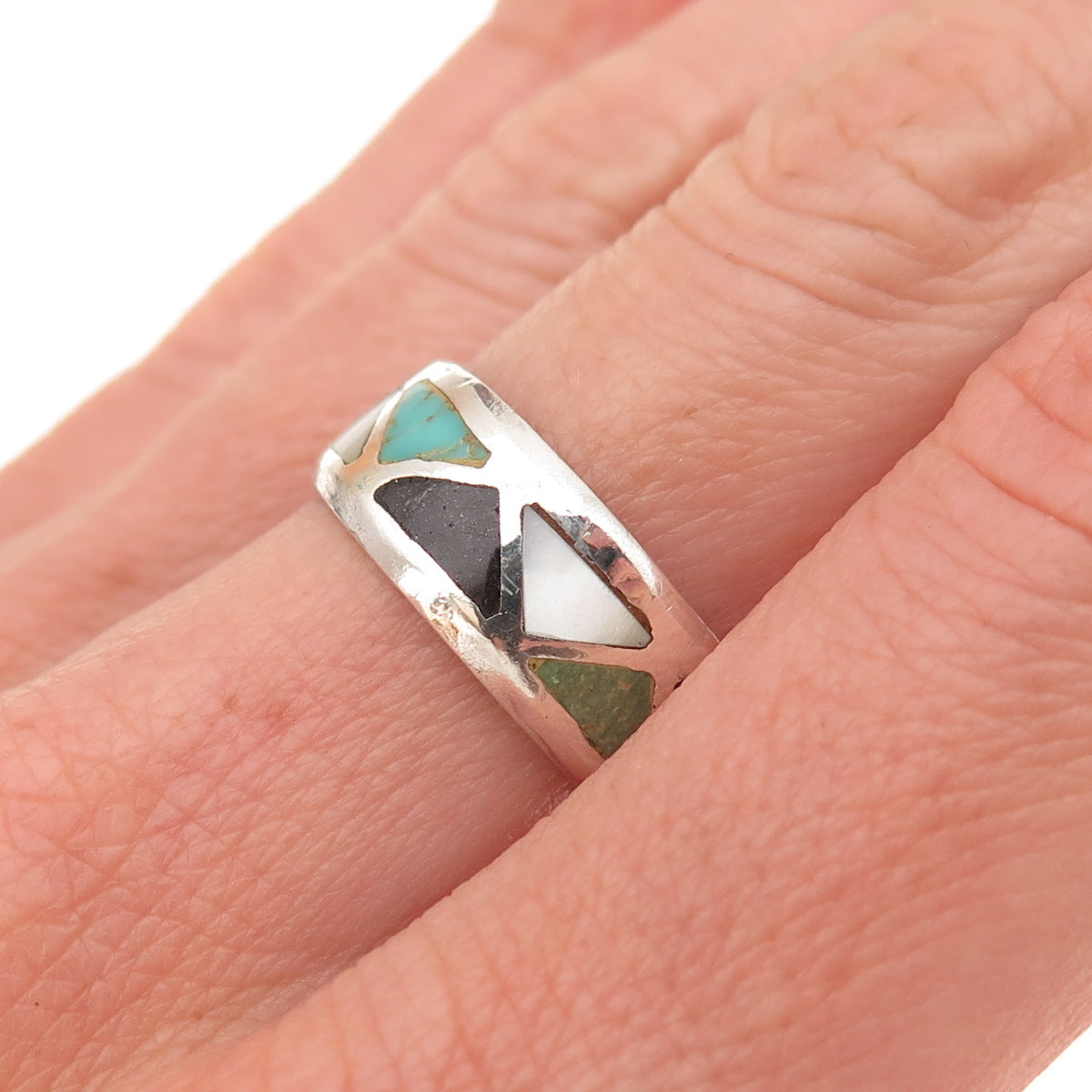 Old Pawn 925 Sterling Silver Vintage Turquoise Black Onyx MOP Tribal Ring Size 7