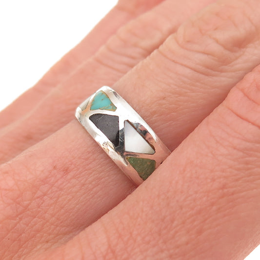 Old Pawn 925 Sterling Silver Vintage Turquoise Black Onyx MOP Tribal Ring Size 7