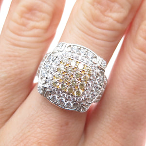 925 Sterling Silver 2-Tone Round-Cut Canary & White C Z Ring Size 7