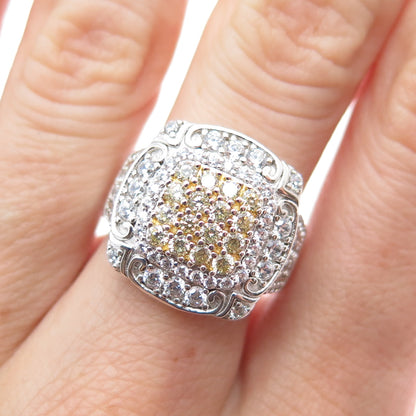 925 Sterling Silver 2-Tone Round-Cut Canary & White C Z Ring Size 7