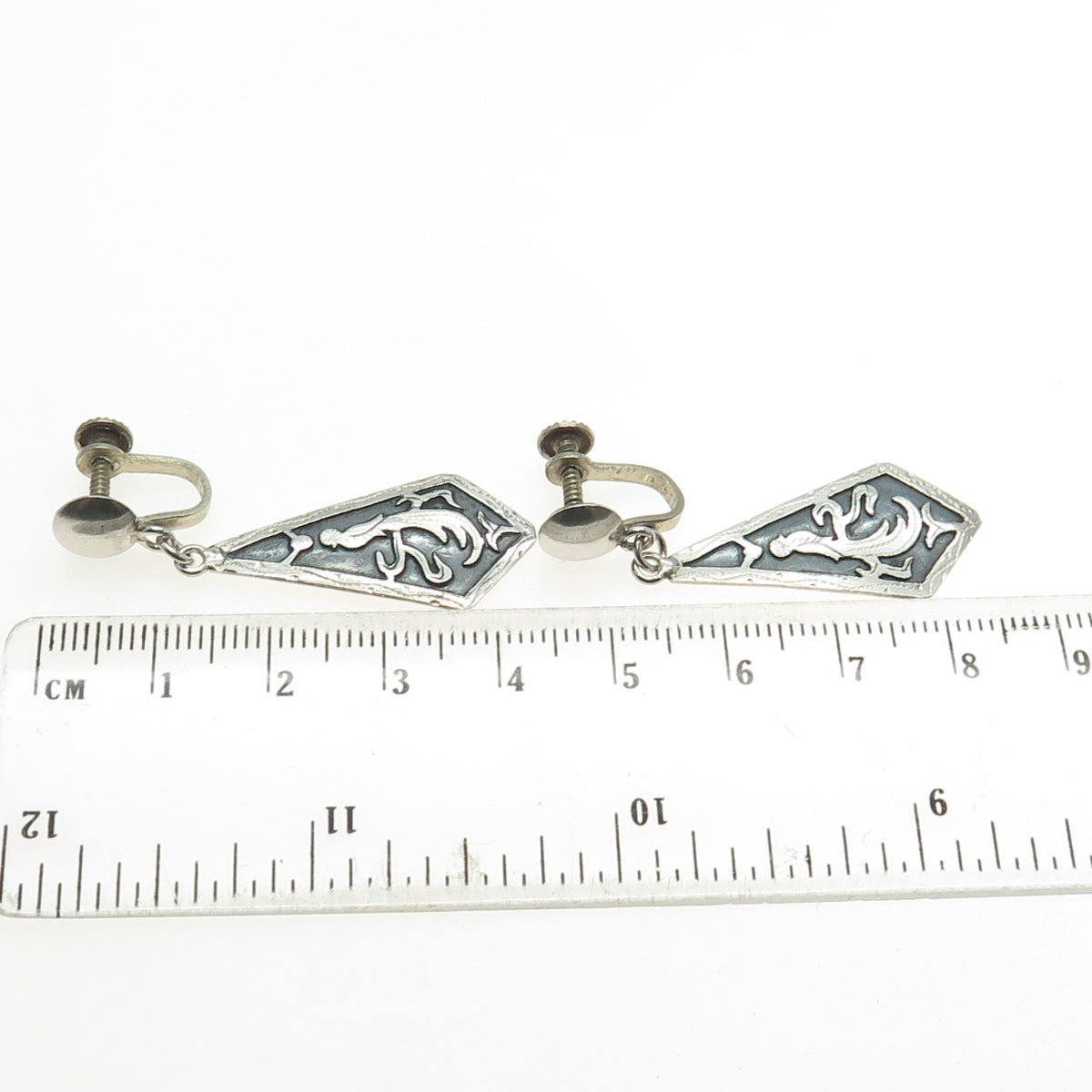 900 Silver Vintage Guatemala Tribal Bird Oxidized Dangle Screw Back Earrings