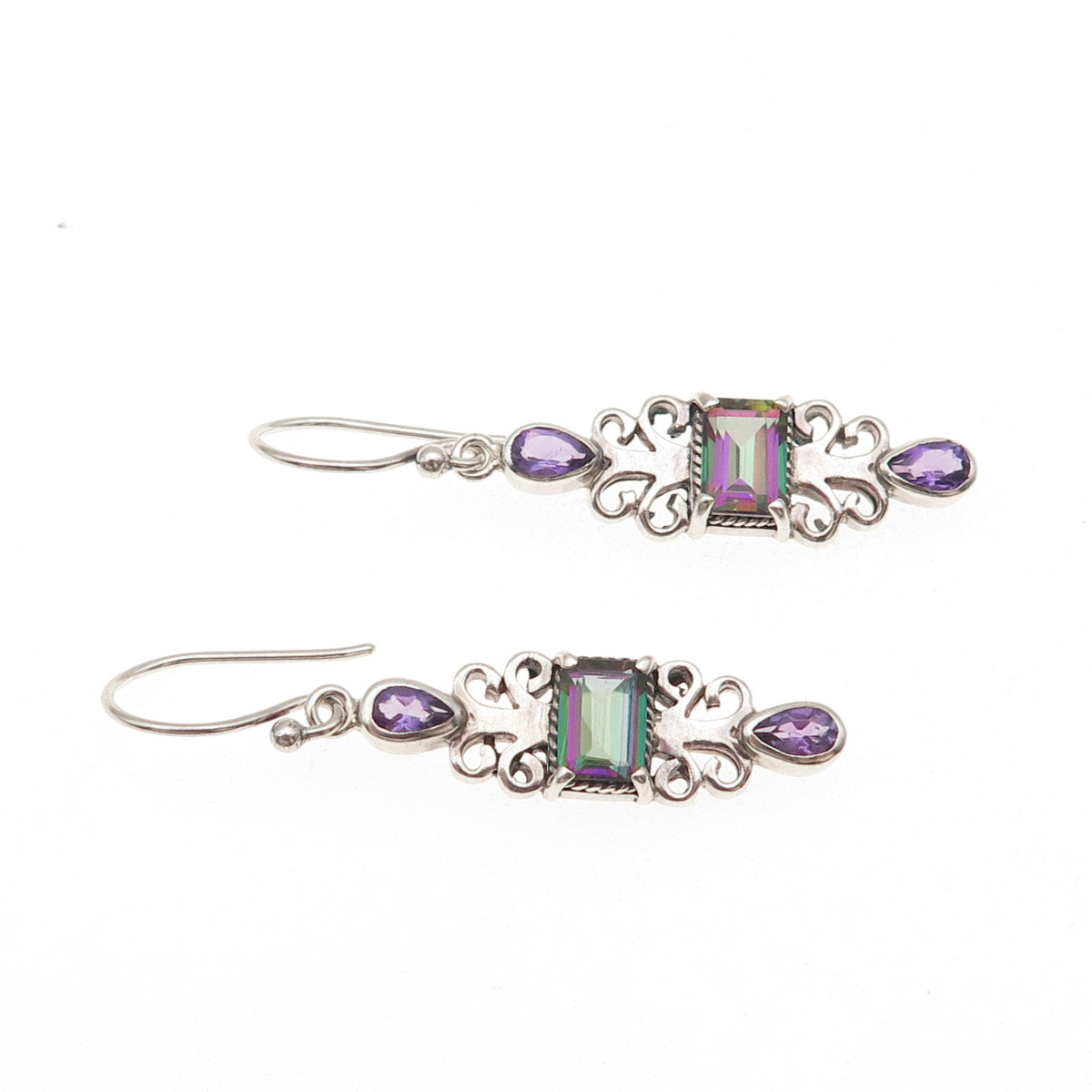 925 Sterling Silver Vintage Real Amethyst Mystic Topaz Modernist Dangle Earrings